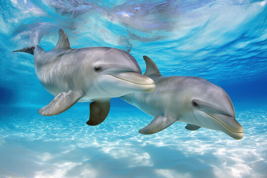 pair of cute dolphins underwater in aquarium pool close-up