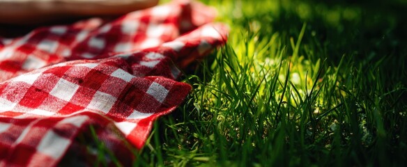 The vibrant checkered blanket resting on lush green grass in a sunny park.