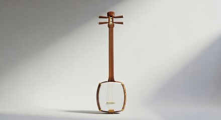 Minimalist studio portrait of a traditional Japanese shamisen, its three strings poised to whisk a resonant and authentic melody from its elegant wooden frame