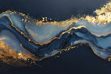 Abstract blue and gold fluid art with luxury marble effect