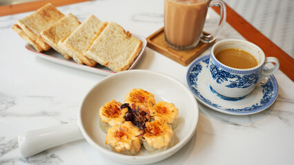 Assorted Kopitiam menu, coffee, milk tea, kaya toast and dimsum mentai