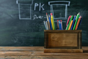 Vibrant Color Picture of Classroom Supplies in a Wooden Holder in Front of a Chalkboard