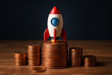 Rocket Launching from Stacked Coins Representing Financial Growth and Startup