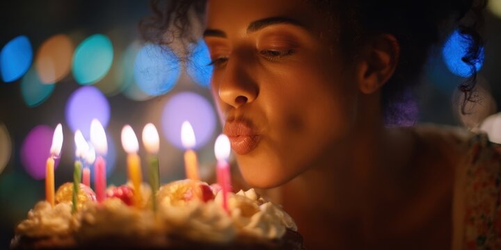 The woman blowing out candles on a beautifully decorated birthday cake.