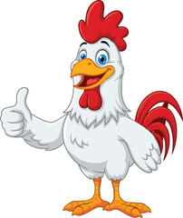 Happy cartoon rooster giving thumbs up, smiling farm bird character, white chicken mascot, fun poultry vector illustration for kids.