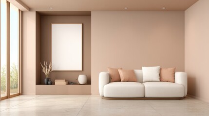 A stylish living room showcases a white sofa adorned with soft cushions. Neutral walls and a cozy nook highlight the artful interior design during daytime.