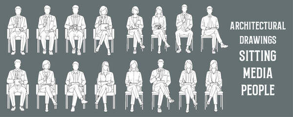 Architectural Drawings sitting media people vector illustration, front view, human person Minimal style hand drawn. Sections, Elevations, Floor Plans