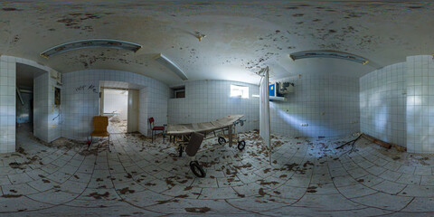 Panoramic view of an abandoned clinic interior with ornate ceiling details, broken furniture, and...