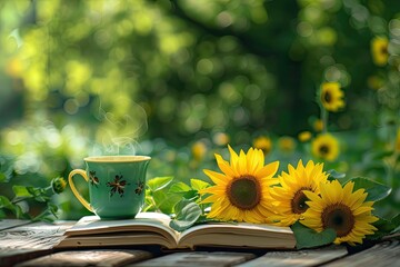 Vibrant Picture of Summer Morning in the Garden Book Sunflowers and Tea Mood