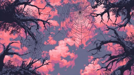 Intricate spider webs dangle between twisted tree branches as a vibrant sunset paints the sky with shades of pink and purple, creating a captivating natural scene filled with wonder.