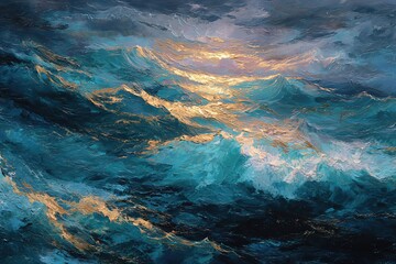 Fototapeta premium Abstract oil painting of a dramatic sunset sky with bold, textured clouds