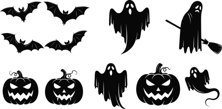 Halloween ghost and bat vector set with scary pumpkins, spooky flying ghosts, creepy bat silhouettes, haunted holiday elements, horror design