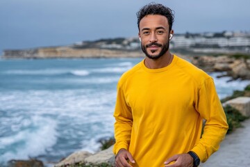A fit man in a yellow shirt jogs along a scenic coastal path with waves crashing, wearing earbuds, perfect for fitness and seaside themes.