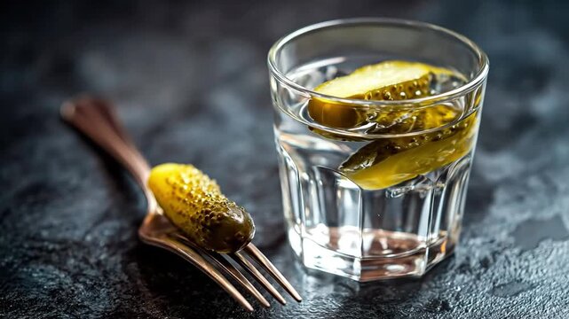 A glass of pickle brine with pickle slices sits next to a pickle on a fork on a dark textured surface