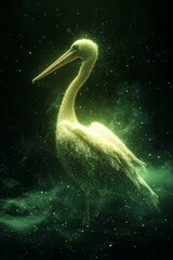 Fototapeta premium Ethereal pelican silhouette surrounded by mist and stars, glowing softly in dark cosmic environment, capturing mystical atmosphere. totemic animal in neon light on starry sky. Horoscope