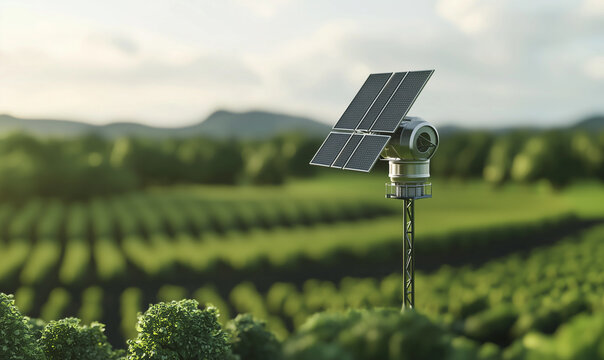 A solar-powered monitoring unit on a pole stands above neat crop rows, uniting renewable energy and smart farming in a lush rural landscape with distant hills. - Powered by Adobe