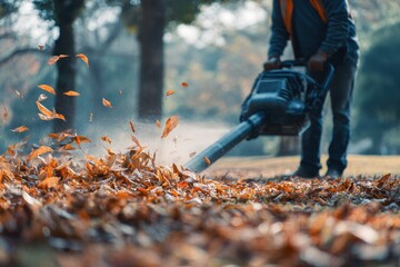 Autumn Leaf Removal: A Man Using a Blower to Clear Dried Leaves in a Park Setting