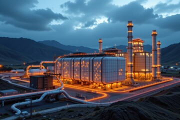 Fototapeta premium compressed air energy storage facility with glowing turbines and futuristic infrastructure, cinematic photorealistic wide shot capturing renewable energy storage supporting net zero system vividly