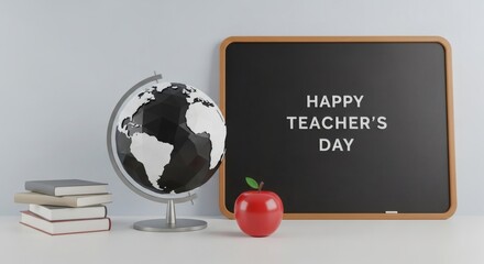 Happy Teacher's Day Celebrating Educators with a Globe, Books, and Apple