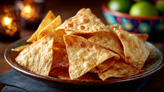 Delicious crispy nachos served in a rustic bowl with candlelight.