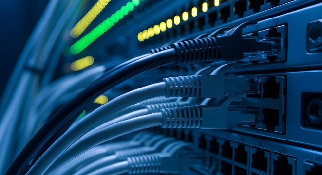 Network server rack with connected ethernet cables and blinking lights