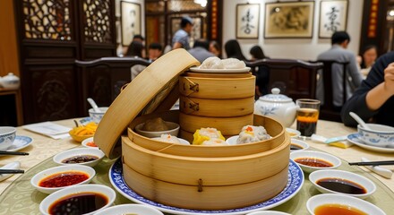 A communal dining experience featuring a variety of steamed dim sum delicacies in bamboo baskets at an authentic Chinese restaurant