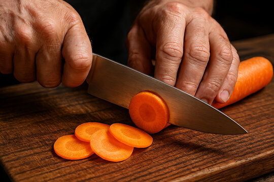 Carrot cutting cooking food preparation kitchen knife slicing vegetable healthy eating recipe fresh
