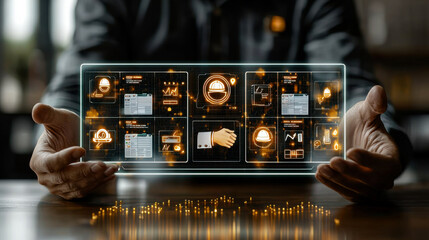 Digital technology visualization in a modern workspace showcasing various data icons and metrics at the hands of a professional