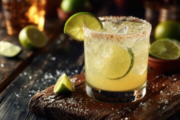 Fototapeta premium Exquisite Closeup of a Margarita Cocktail on Rustic Wooden Board, Perfect for Celebrations