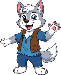 Happy cartoon wolf character wearing torn blue clothes and brown vest waving paw smiling friendly animal vector illustration
