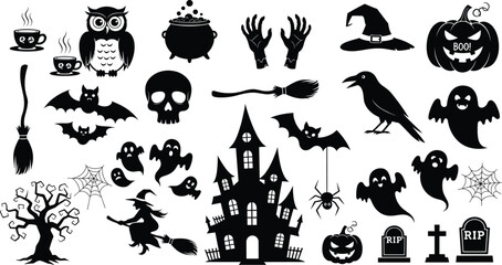 Halloween Silhouette Vector Set – Haunted House, Ghosts, Witches, Pumpkins, Spiders, Bats, and Other Spooky Elements