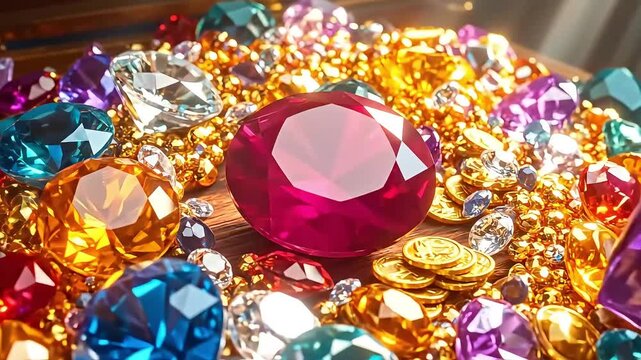 Jewels and gold coins spilling out of a wooden treasure chest, colorful diamonds with a large red ruby at the forefront, wealth concept.