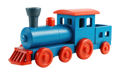 Wooden Toy Train, Blue and Red, Classic Children's Plaything, Locomotive, Isolated on Transparent and White Background