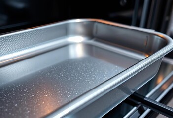 Close-up of textured metal pan surface, oven reflections, brown, vintage