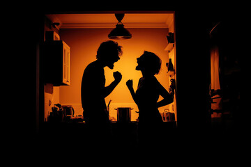 couple is quarreling in home. Silhouette of angry aggressive husband and wife screaming in the kitchen. Family conflict and quarrel. Couple is fighting. Domestic violence and abusive relationships