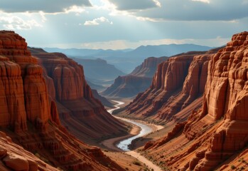 rugged canyon formed by river erosion, stratified sandstone layers glowing warm orange, immersive atmospheric lighting enhancing textures, photorealistic cinematic wide shot of desert environment