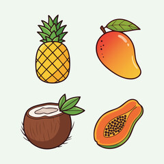 Tropical fruit collection pineapple mango coconut and papaya