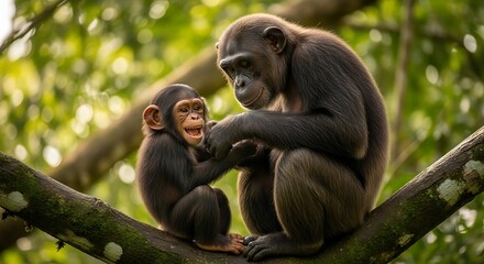Naklejka premium Chimpanzee Parent and Offspring on Tree Branch