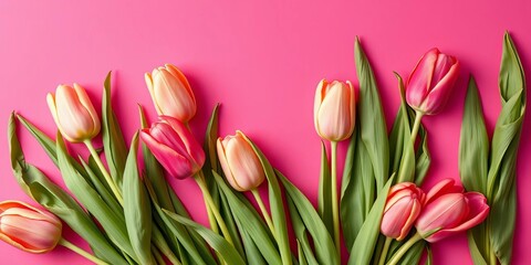Fototapeta premium Vibrant pink backdrop showcases a flat lay of spring tulips , pink background, blossom