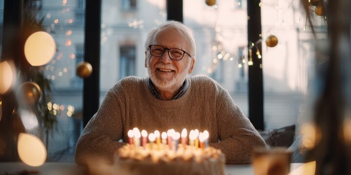 The joyful elderly man celebrating his birthday with a delicious cake and candles.