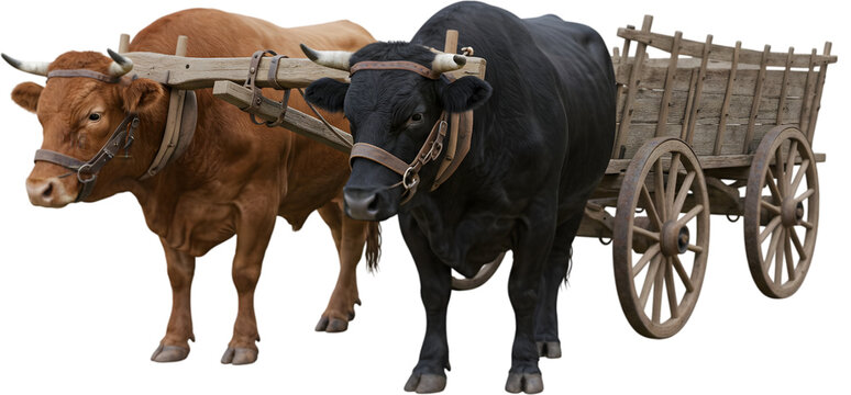 Two oxen pulling a wooden cart through a rural landscape, with green fields and a clear sky