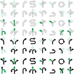 Road sign icon set with turn arrow symbol direction, navigation, guide, U-turn path, split way vector illustration for traffic transport map. U turn arrow lin Left Right U-turn ahead traffic sign 