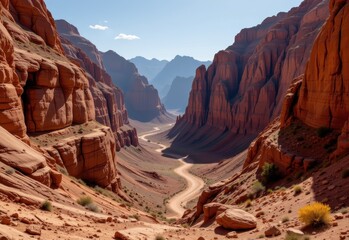 Fototapeta premium rugged canyon carved by erosion, dramatic layered rock walls towering above, immersive atmospheric sunlight casting shadows, cinematic wide shot showcasing immense natural desert landscape vividly