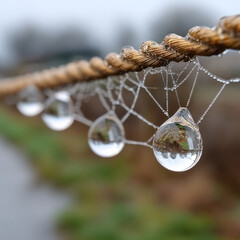 Dew droplets hanging delicately on a spiderweb-covered rope.