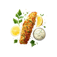 Crispy Breaded Fish Fillet with Tartar Sauce and Lemon Garnish