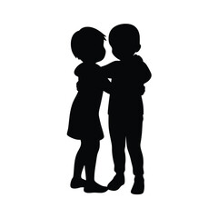 Silhouette of two children hugging and playing