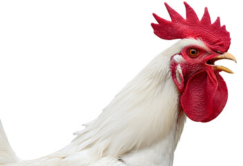 Majestic white rooster with vibrant red comb and wattles, captured in profile against a plain background