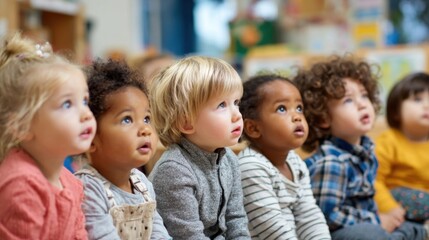 A diverse group of children sits in a classroom, captivated by a storytelling session. Their expressions show curiosity and excitement, surrounded by colorful educational materials.