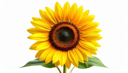 Fototapeta premium Beautiful single yellow sunflower in full bloom with green leaves isolated on a clean white studio background, a symbol of summer and happiness
