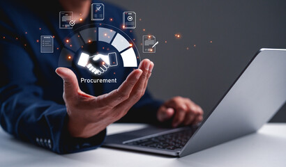 A business professional engaging in procurement through a laptop, emphasizing digital processes and partnership with graphical elements.